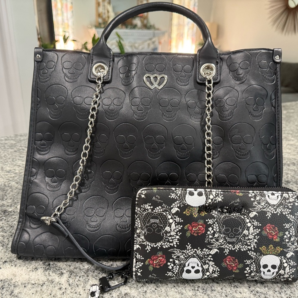 Betsy Johnson Black Embossed Skull Tote with Chain Strap and Wristlet wallet